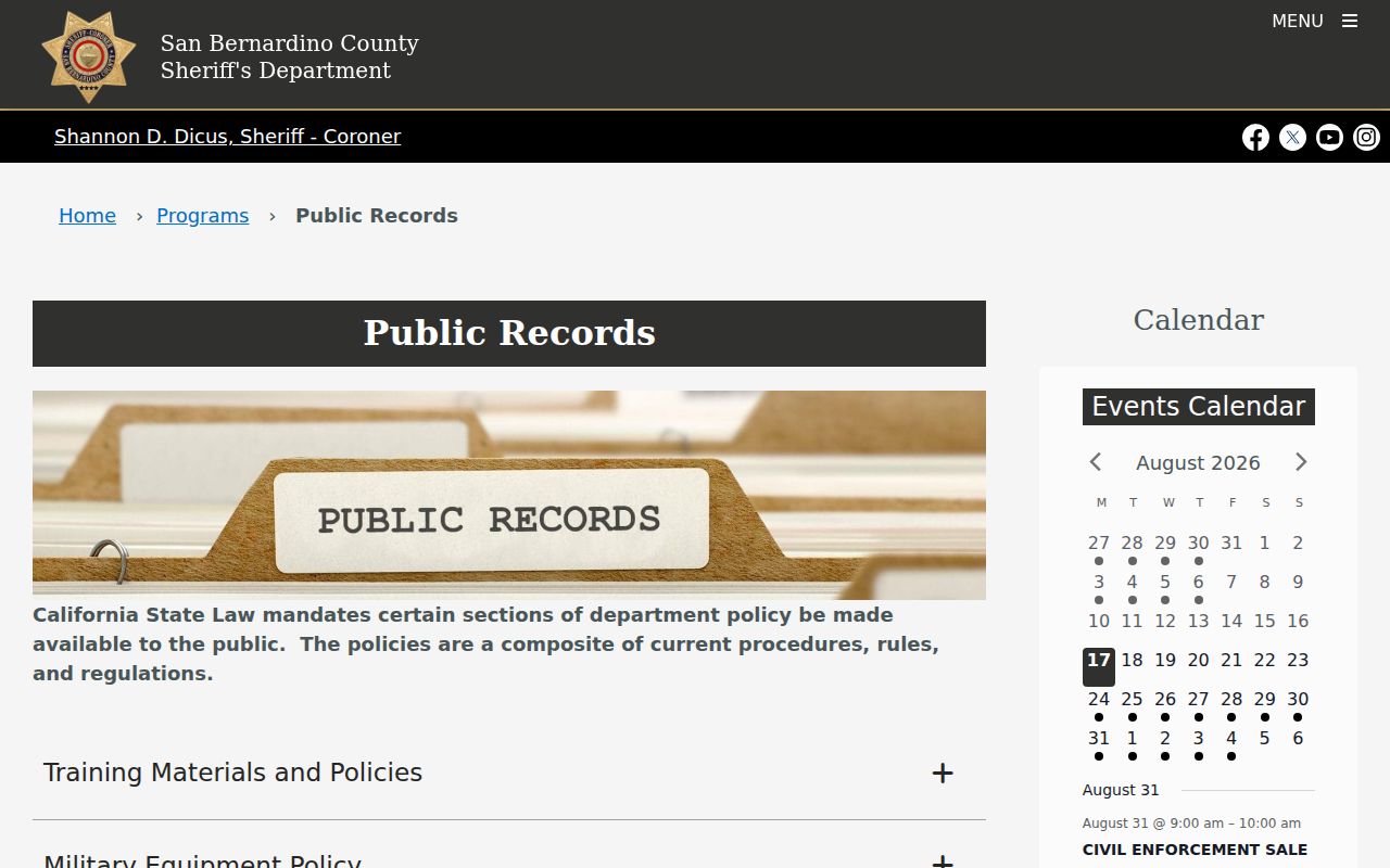 Chino Hills street directory Sheriff public records request